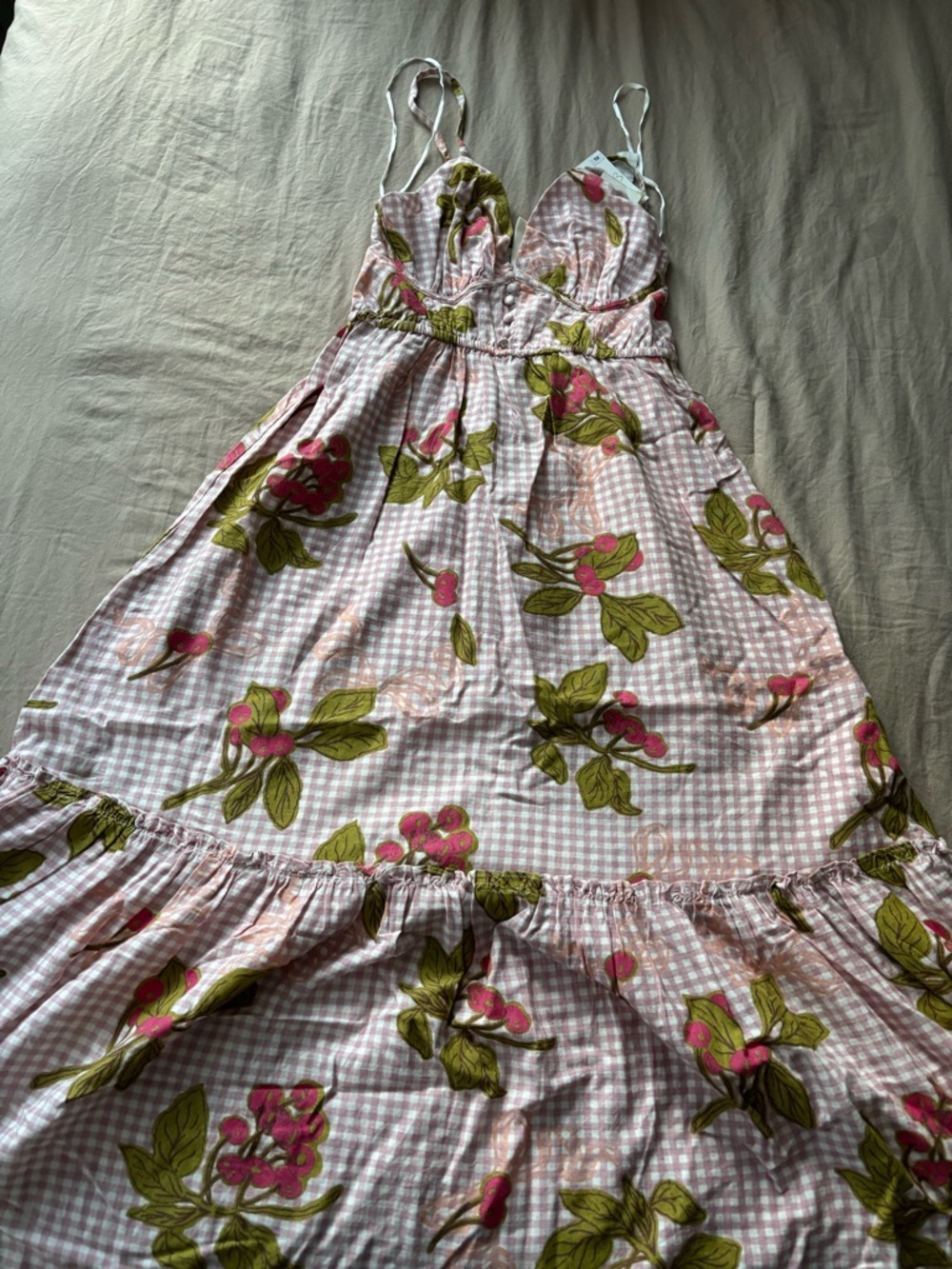Jessica Simpson Pink Gingham Floral Sundress with Green Leaves